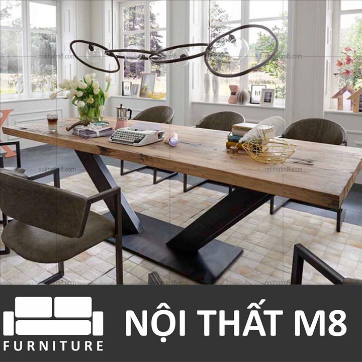 Bàn ăn gỗ tự nhiên chân chữ V cách điệu M8-4081 thumbnail 4